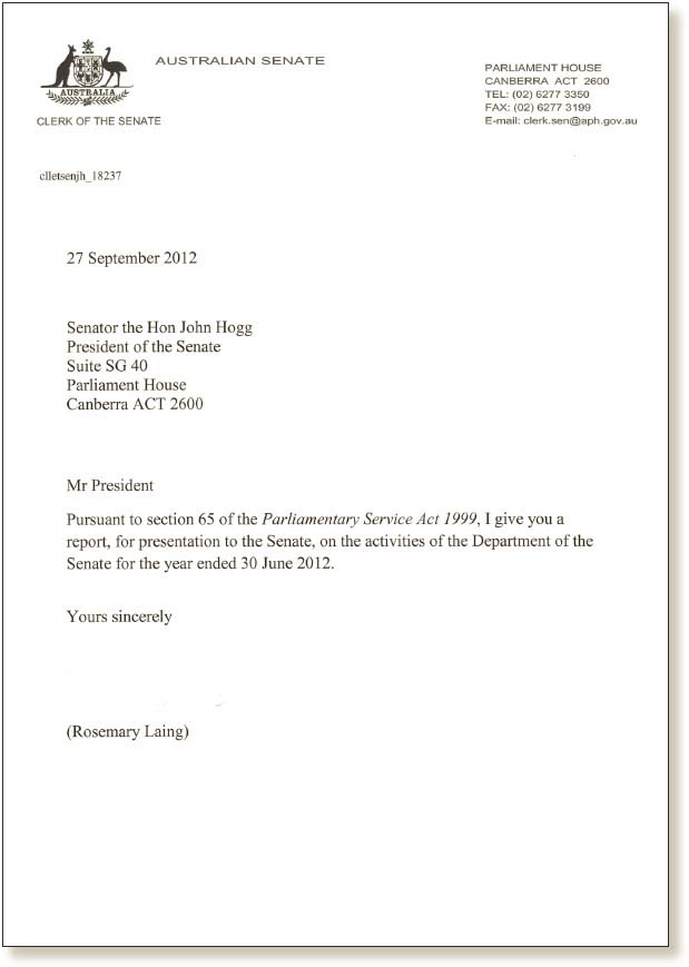 certificate work letter Transmittal of Letter Parliament â€“ of Australia